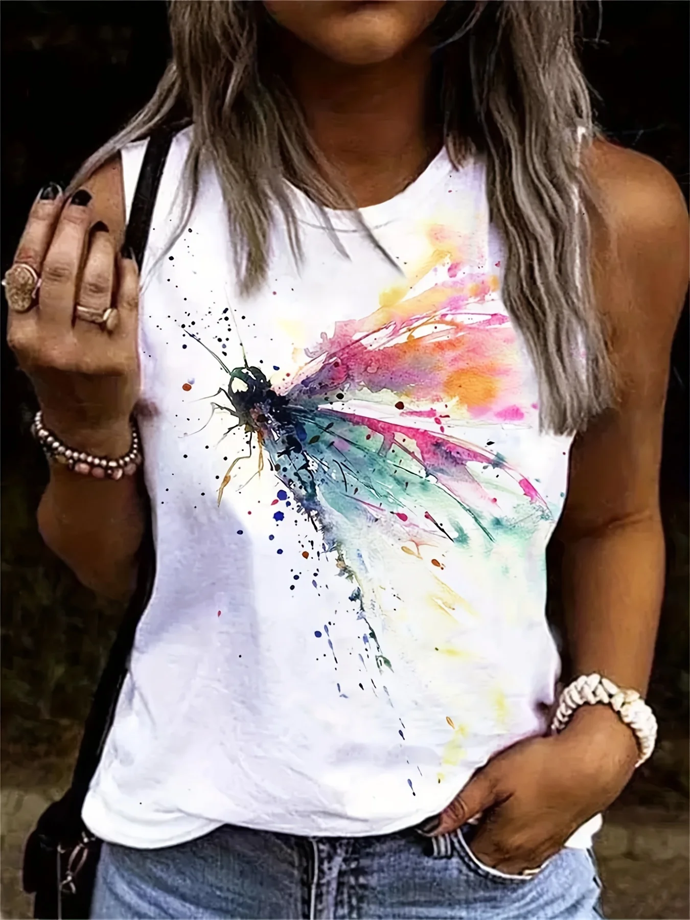 Damska letnia kolorowa ważka z nadrukiem Duży luźny podkoszulek bez rękawów T-shirt bez rękawów Slim Kamizelka Topy Streetwear