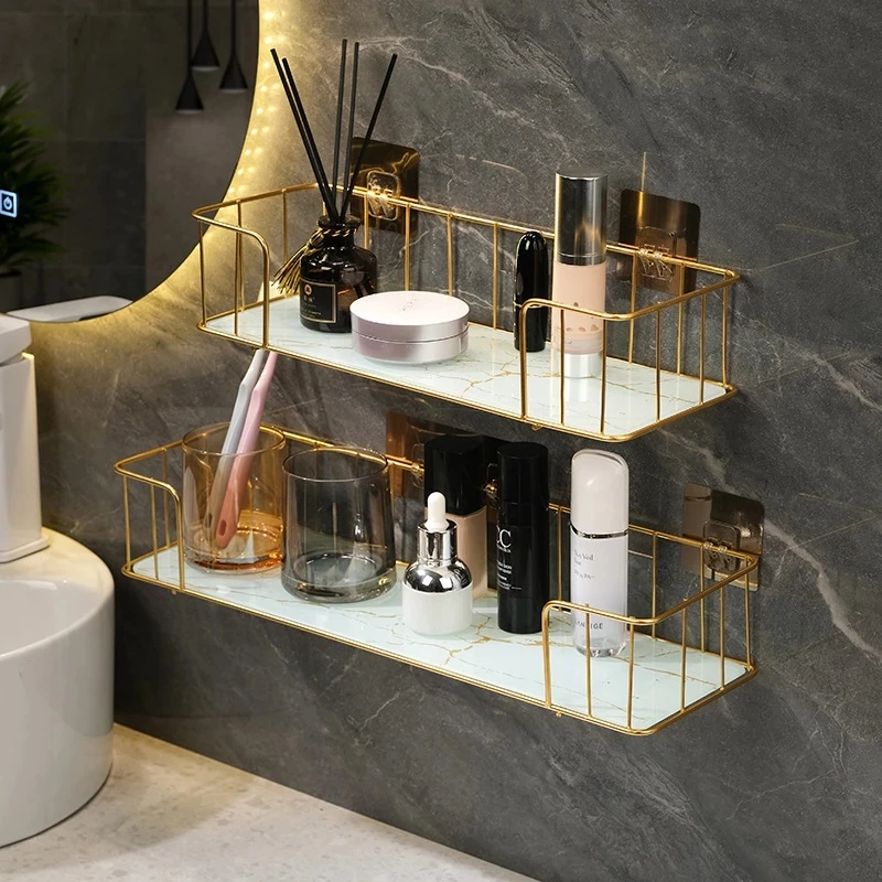 Luxury Bathroom Shelf without drilling Iron Wall Shelf with Marble style Glass Plate Makeup Storage Rack Bathroom Accessories