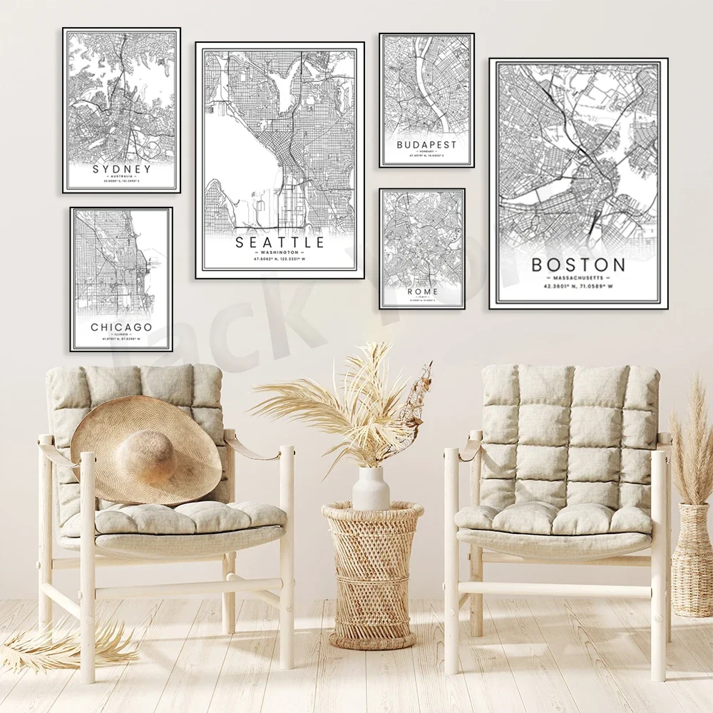 London,Seattle,Detroit,Chicago,Boston,Beirut,New Orleans,Dallas,Budapest city map print poster travel wall painting