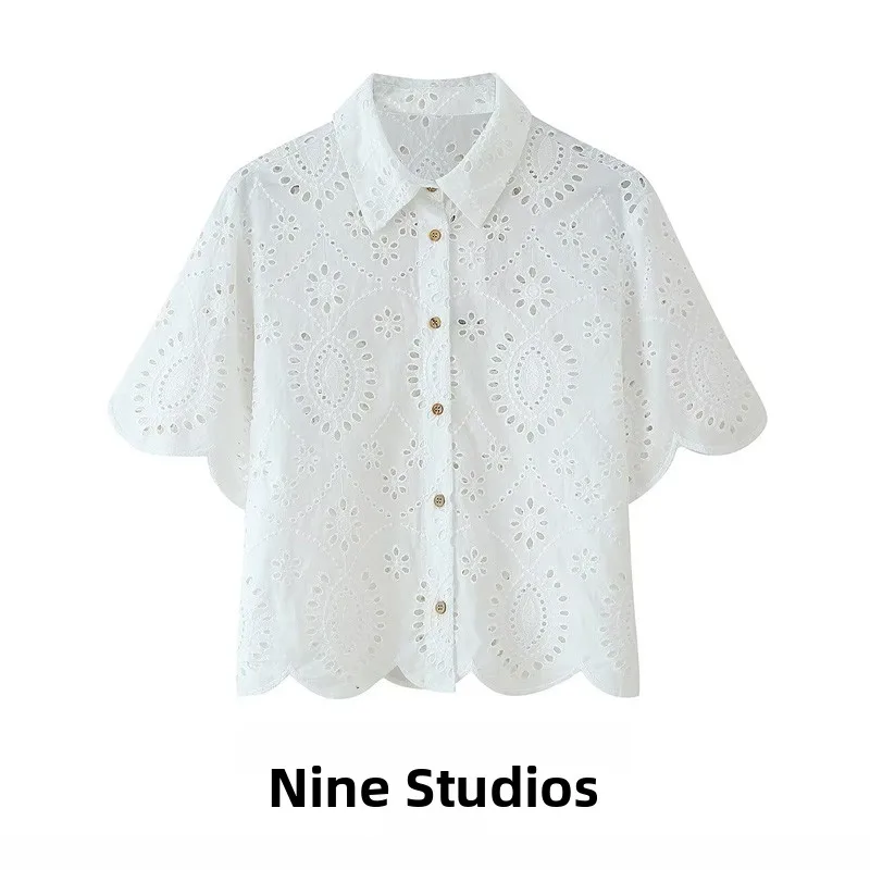 

NINE ZA Women's Embroidered Hollow out Casual ort Sve irt Top Versatile ort Sle Cotton Ne Regular Fit
