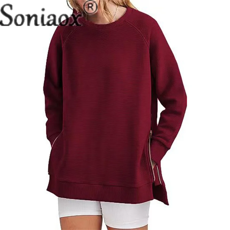 Side Zipped Splicing Hem Thickened Crew Neck Pullover Hoodie Female Autumn Casual Loose Long Sleeve Sweatshirt Women\'s Outerwear