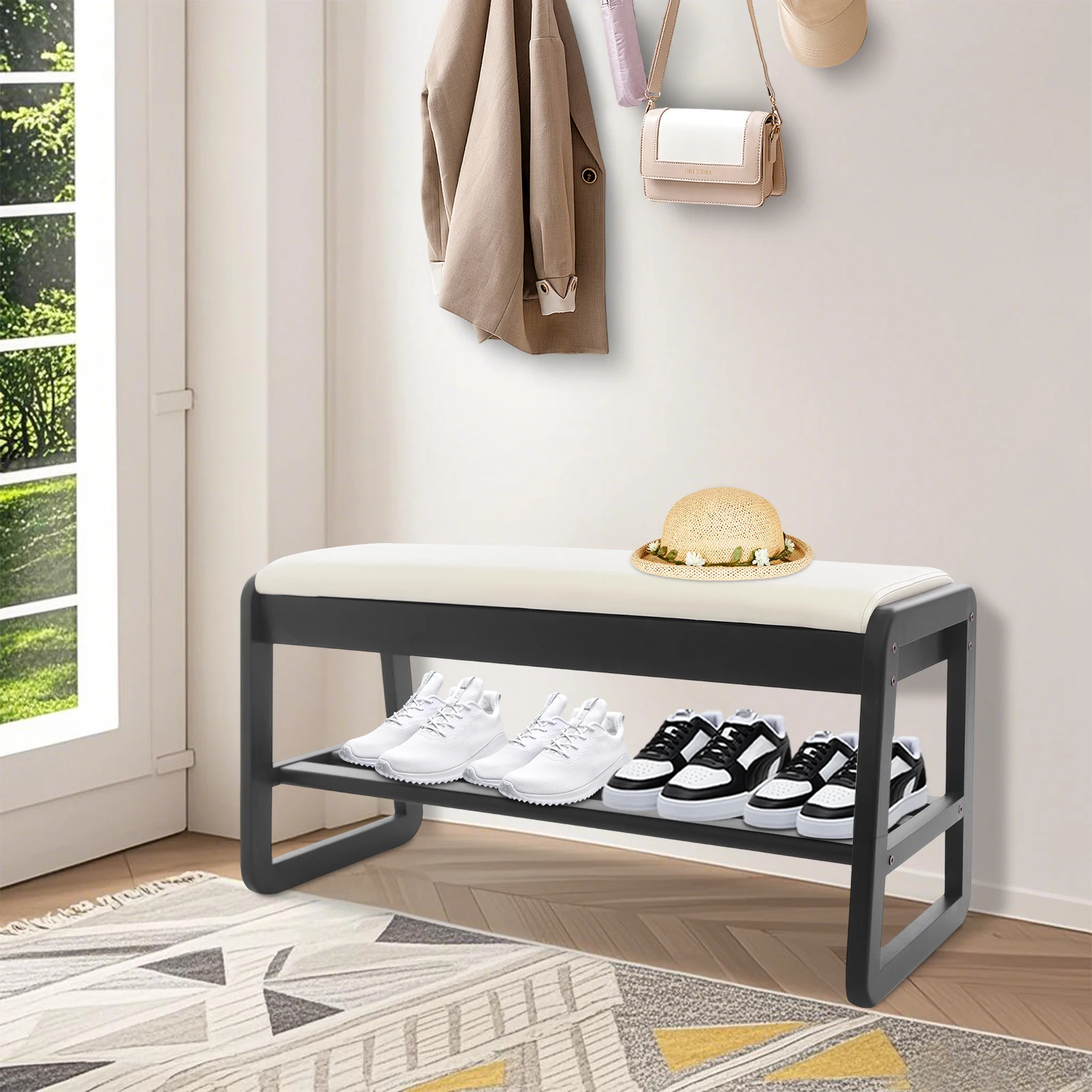 2 Tiers Shoe Rack Bench with Cushion Shoe Organizer Bench with Storage 100kg Load Capacity Shoe Rack Bench for Entryway for Living Rooms/Bedrooms/Entryways/Nursing Homes/Hotels