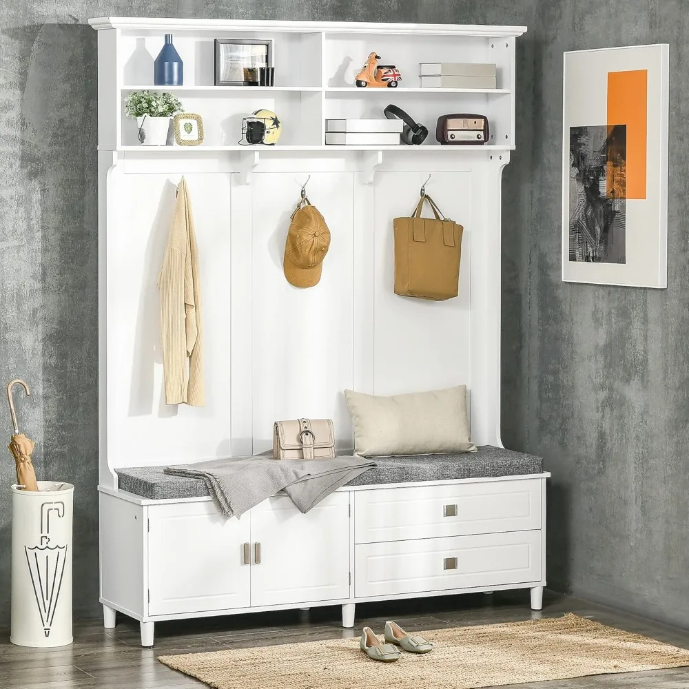 Lobby bench with storage, decorative coat tree with storage rack, hallway cabinet and drawers, mud room, white