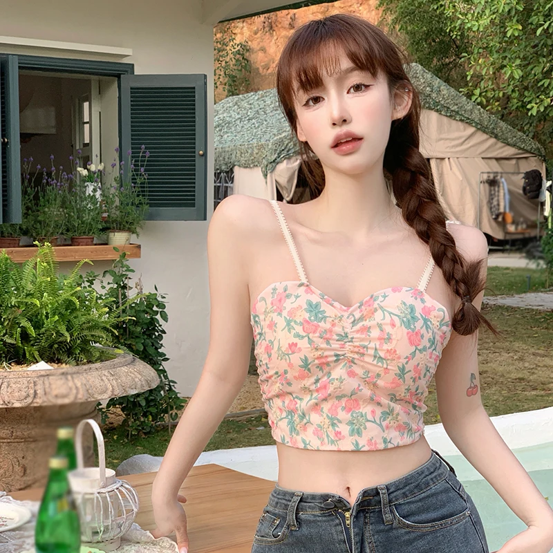 

Sexy Tank Tops Navel Padded Women's Camisole Korean Version Floral Print Slim