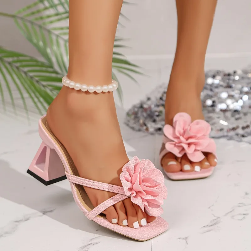 Women Flower Slippers 2026 Summer New Fashion Elegant Cross Band High Heel Shoes Square Toe Open Toe Casual Comfort Sandals - view 2