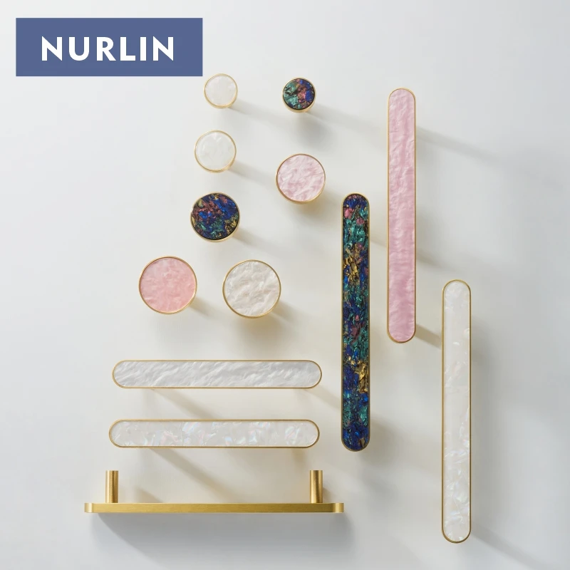 Nurlin Brass Colorful Round White Pink Shell Color Cabinet Wardrobe Furniture Knobs Long Series Handles