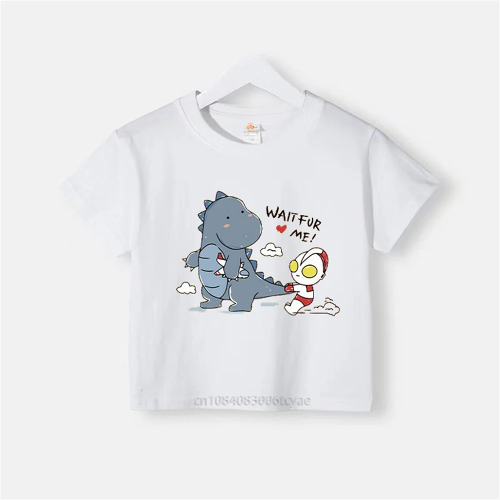 Summer boys cotton printed T-shirt cute baby girl round neck fashion short sleeve children\'s anime Ultraman fight monster top