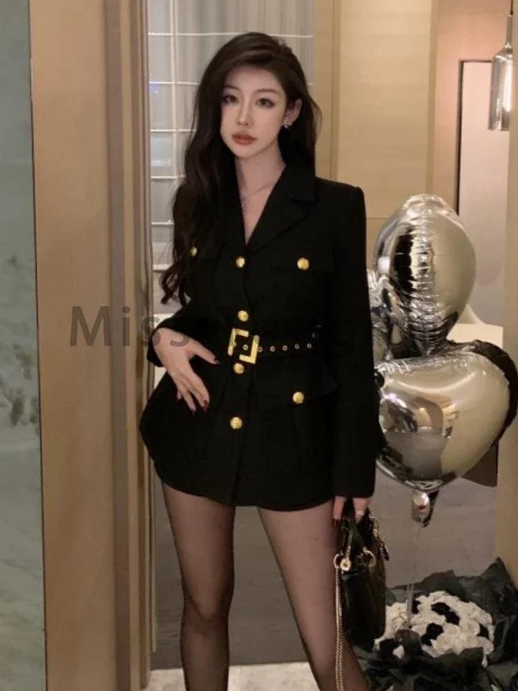 Winter French Black Vintage Jacket Women Pockets Belt Elegant Loose Overcoat Female Korean Fashion Long Sleeve Casual 2023 New