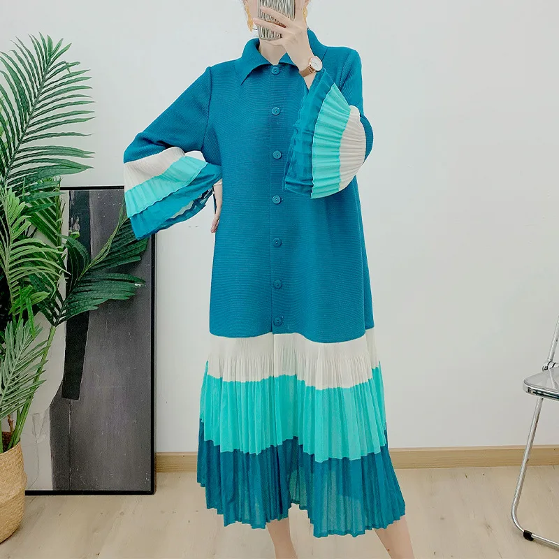 2024 Spring And Summer New Fashion Color Blocking Ruffled Pleated Shirt Dress Women's Casual Long Sleeve Plus Size Miyake Dress