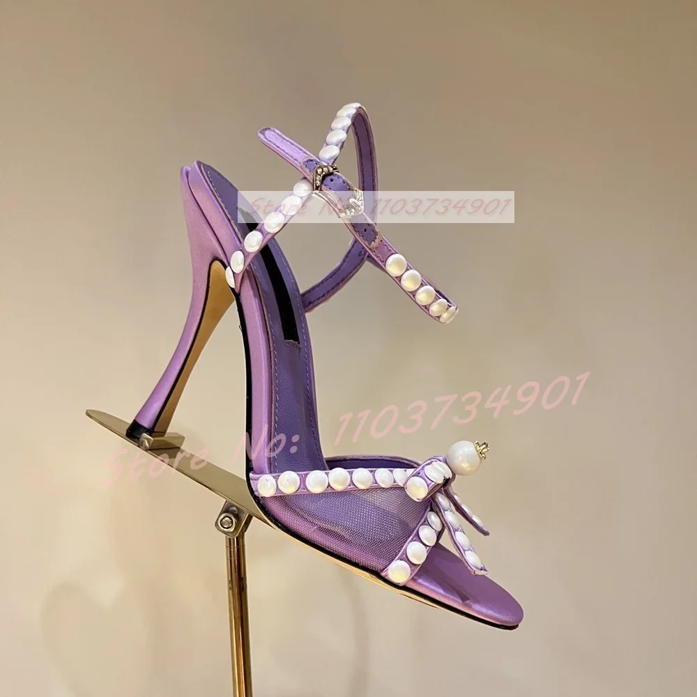 

Женские сандалии из белой жемчужной сетки с бантом, роскошные женские туфли на высоком каблуке с ремешком на щиколотке и круглым открытым носком, женские стильные модные кожаные сандалии