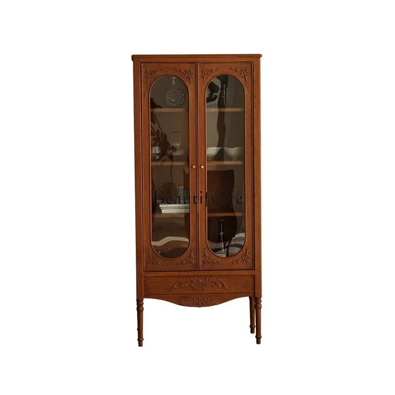 

French retro solid wood wine cabinet living room home display carved glass display cabinet