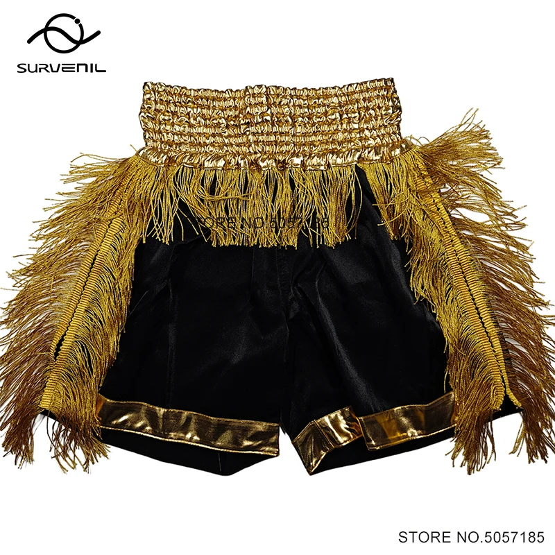 

Shorts Muay Thai Satin Kick Boxing Shorts Men Women Kids Gold Tassels Gym Martial Arts Grappling Cage Fighting Kickboxing Pants