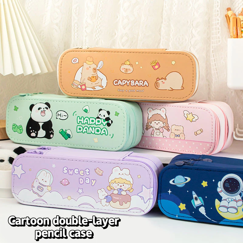 Double-Layer Pencil Case Large Capacity Capybara Panda Astronaut Students Pen Bag Multifunctional Stationery Storage Bag