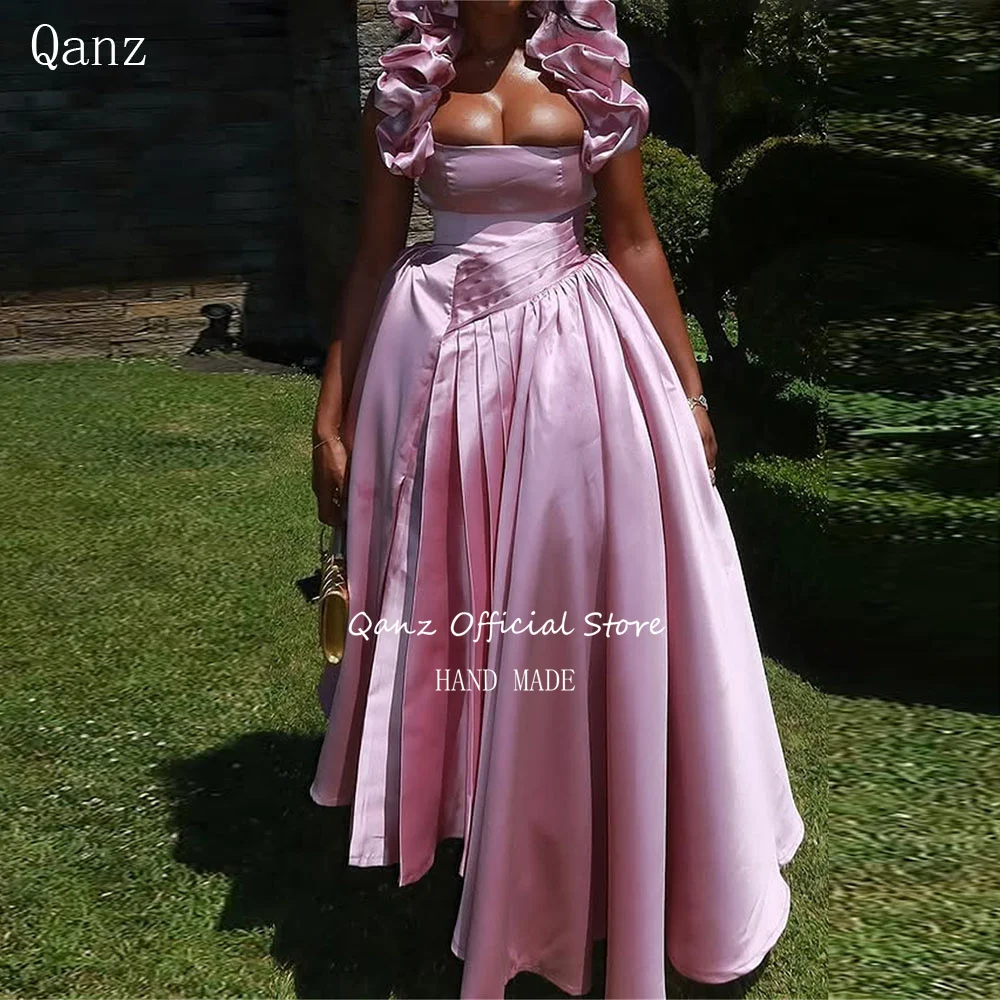 

Qanz Pink Satin Evening Dresses Strapless Sexy Birthday Party Gown for Black Girls Floor Length Vestidos Para Mujer Customized