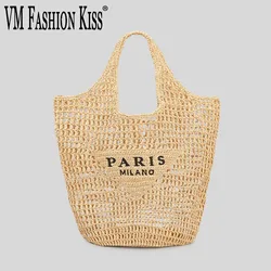 VM FASHION KISS Plaited Straw Bag Luxury Women Large Capacity Casual Tote Handbag Hollow Summer Beach Vacation Shoulder Bag