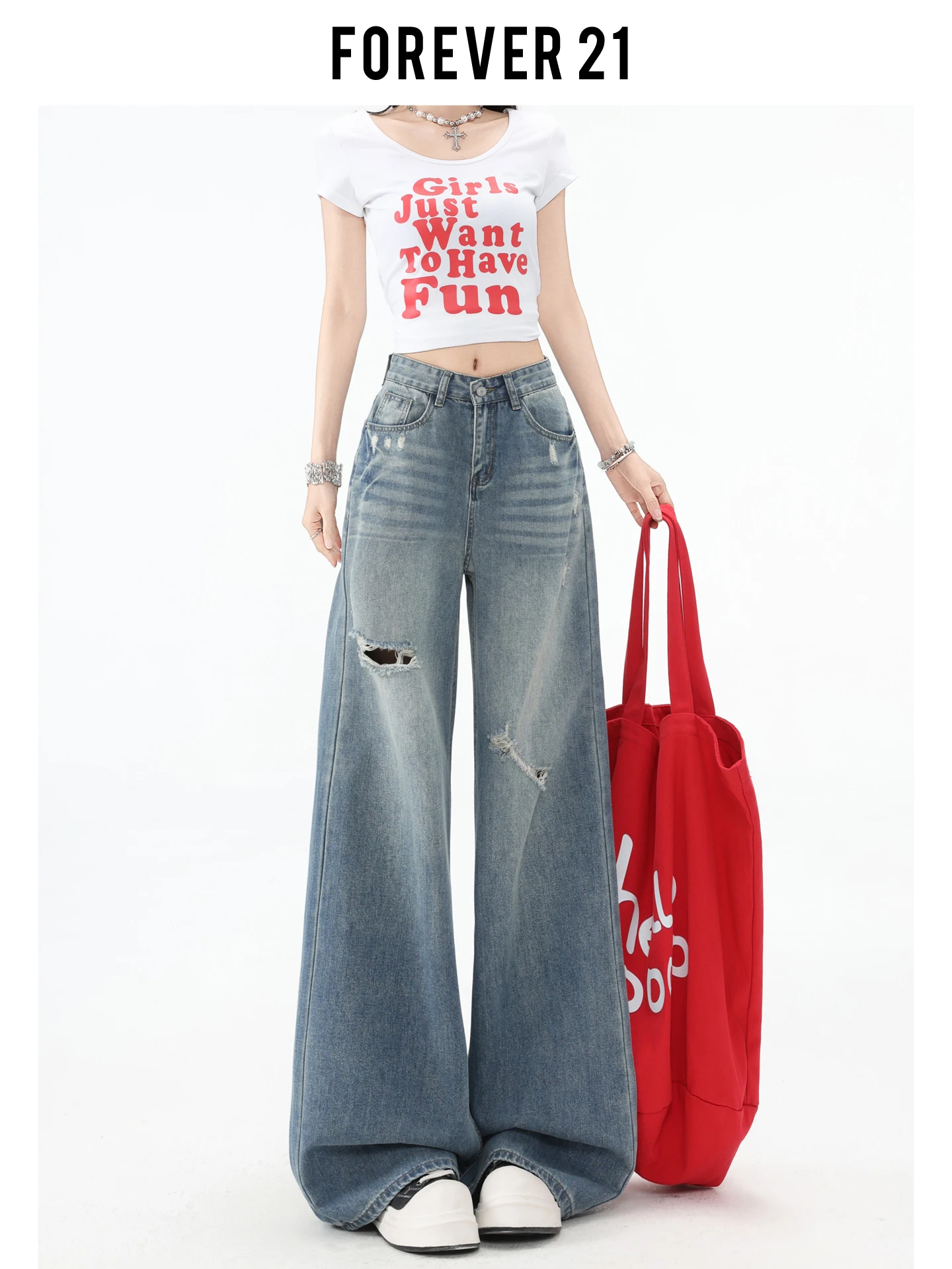 Jeans de Mezclilla Azules Vintage de Pierna Ancha y Corte Holgado Forever 21 para Mujer, Diseño Americano, Cintura Alta, Pantalones Largos Rectos, Casuales de Verano