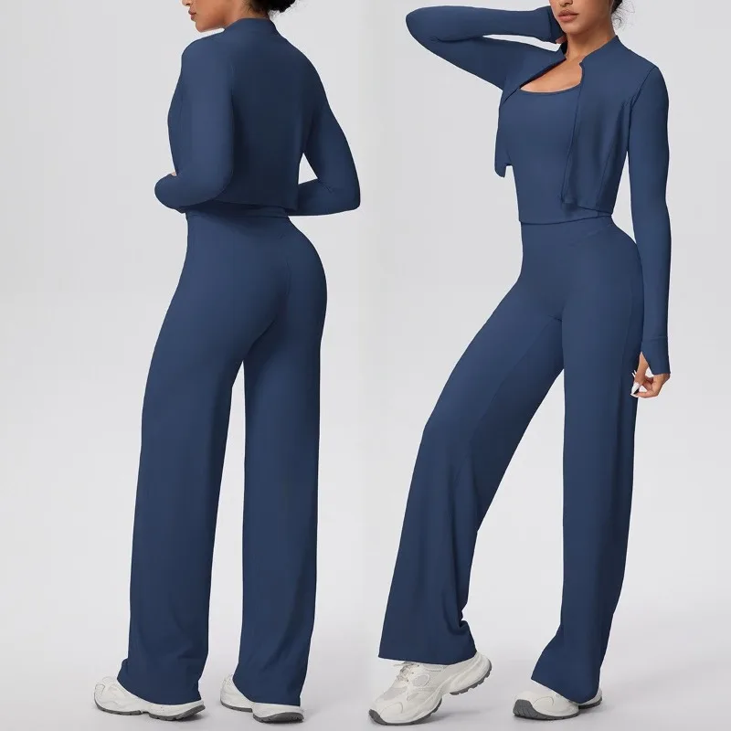 

Женский однотонный комплект для йоги, быстросохнущая облегающая майка, широкий комплект из трех предметов, спортивный комплект для бега и фитнеса