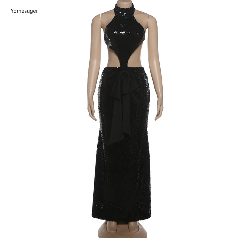 Yomesugar Elegant Sequin Evening Gown Women Hipster Sexy Halter Backless Cut Out Bowkot Skinny Vestidos Birthday Party Clubwear