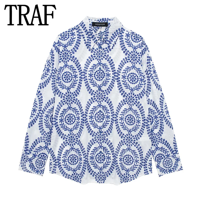 TRAF Cut Out Embroidery Blouse Women Blue Button Up Long Sleeve Shirt Woman 2024 Summer Vintage Top Loose Women\'s Casual Shirt