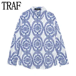 TRAF Cut Out Embroidery Blouse Women Blue Button Up Long Sleeve Shirt Woman 2024 Summer Vintage Top Loose Women's Casual Shirt