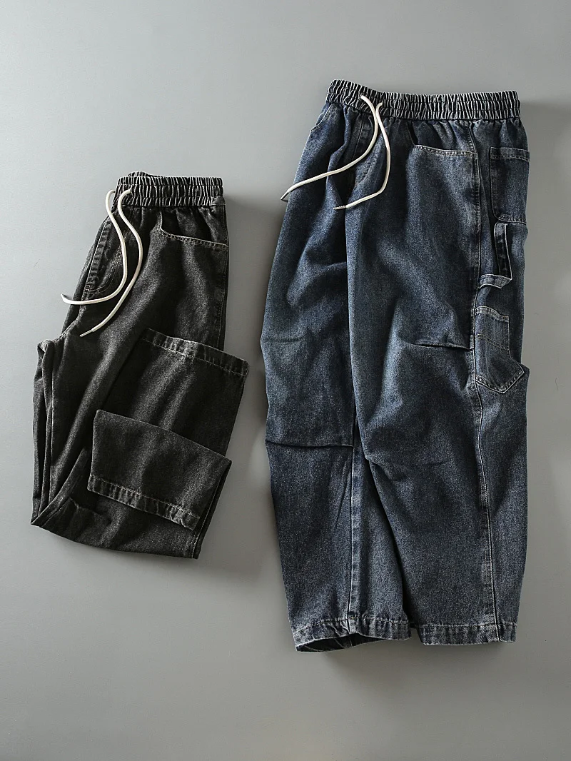 

Spring New Style Loose Men's Wide Leg Straight Jeans Japanese Retro Washed Workwear Multi Pockets Casual Long Pants