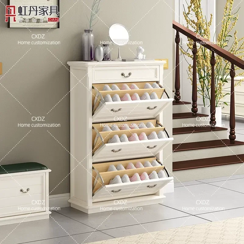 American Solid Wood Shoe Cabinet Ultra Thin Tipping Bucket Large Capacity Modern Simple Foyer Storage Cabinet for Home