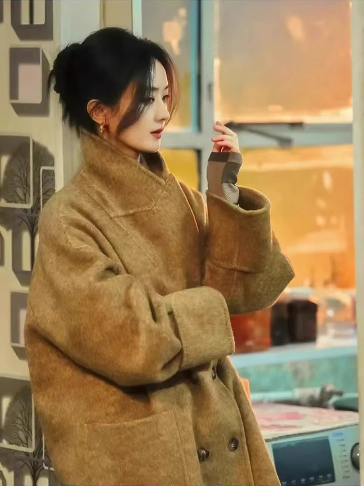 Office Lady Woolen Jackets 2024 Autumn And Winter Suit Collar Double Breasted Big Pockets Loose Long Women\'s Wool Coats