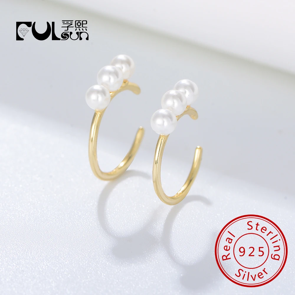 

925 Sterling Silver 14k gold plated Imitation pearls No Piercing Clip On Earrings Girls Single cuff Earrings
