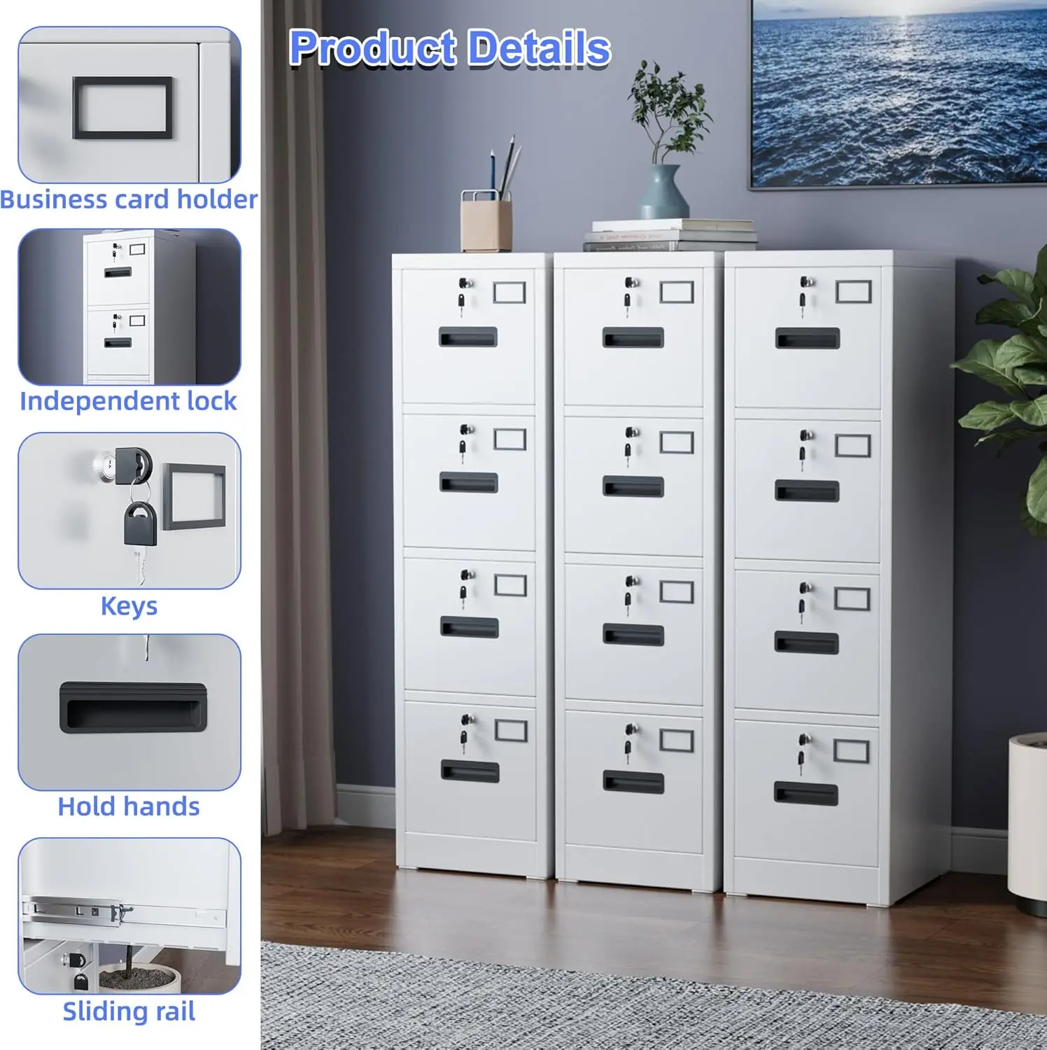 AOBABO Metal Vertical File Storage Cabinet with 4 Drawer and 4 Lock, with Name Card Holder for A4 Letter/Legal size
