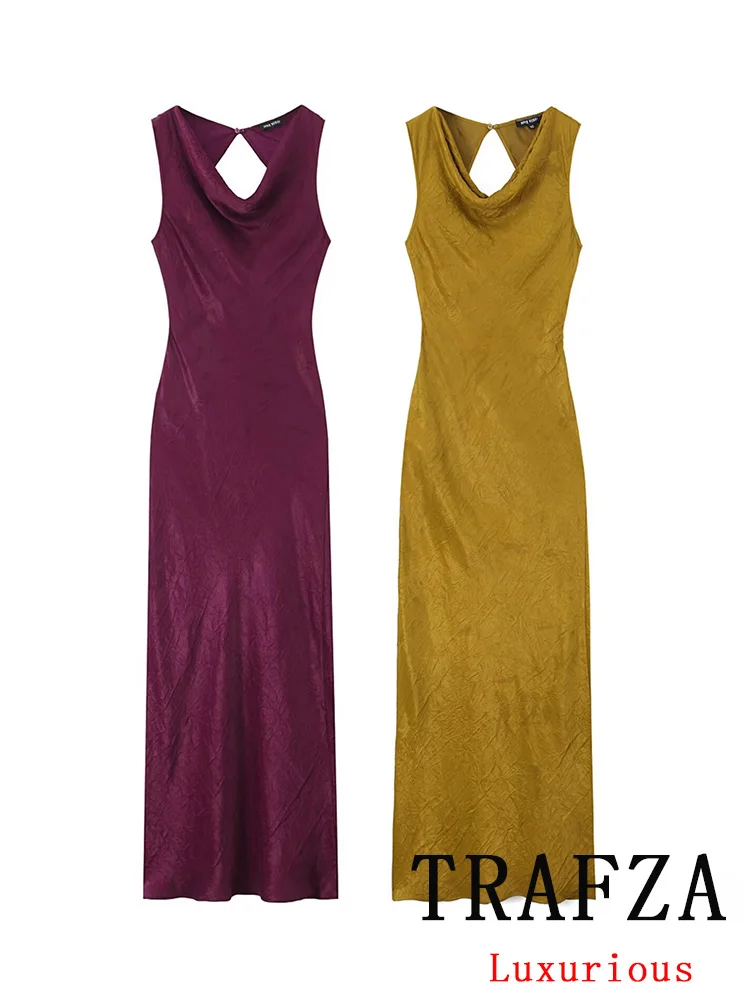 TRAFZA Sexy Chic Women Dress Solid V Neck Sleeveless Backless Straight Long Sheath Party Dress Fashion 2024 Evening Club Dress