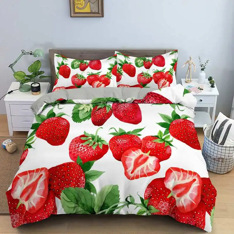 

Red Strawberry Cute Bedding Set 3D Pink Lovely Summer Fruit Duvet Cover King Queen For Kids Girls 2/3pcs Polyester Quilt Cover