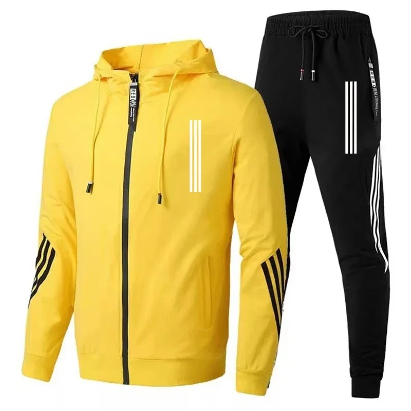 2024 Spring and Autumn Men\'s Hoodie+pants 2-piece set, three-layer diagonal sports jacket, zippered track and field men\'s fitnes