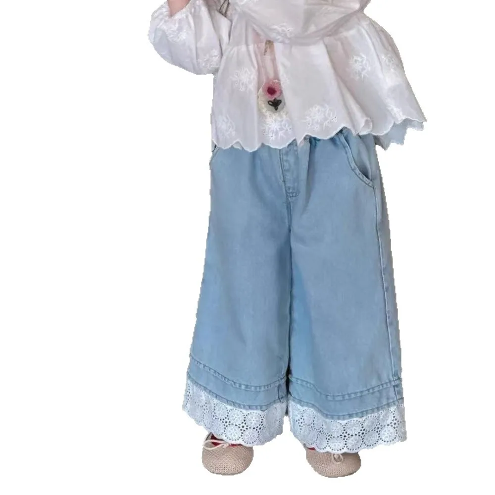 Jean coréen d'automne pour filles de 1 à 5 ans, ourlet en dentelle, pantalon droit pour bébés filles, ample, épissé, taille élastique, pantalon pour enfants en bas âge