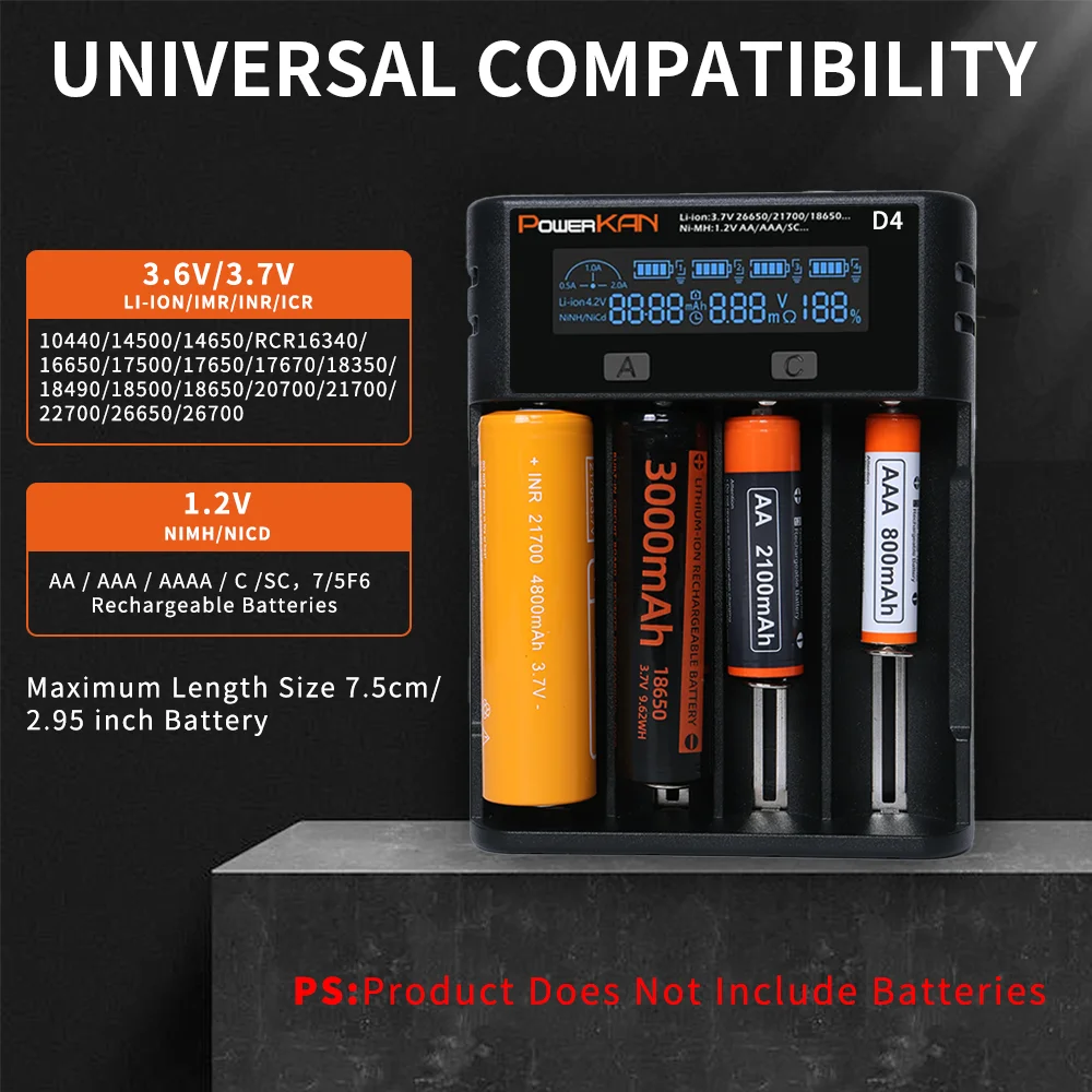 POWERKAN D4 Battery Charger for 1.2V Ni-MH/Ni-CD&3.6V/3.7V Li-ion LED Screen Automatically Detect Type&Power&Current