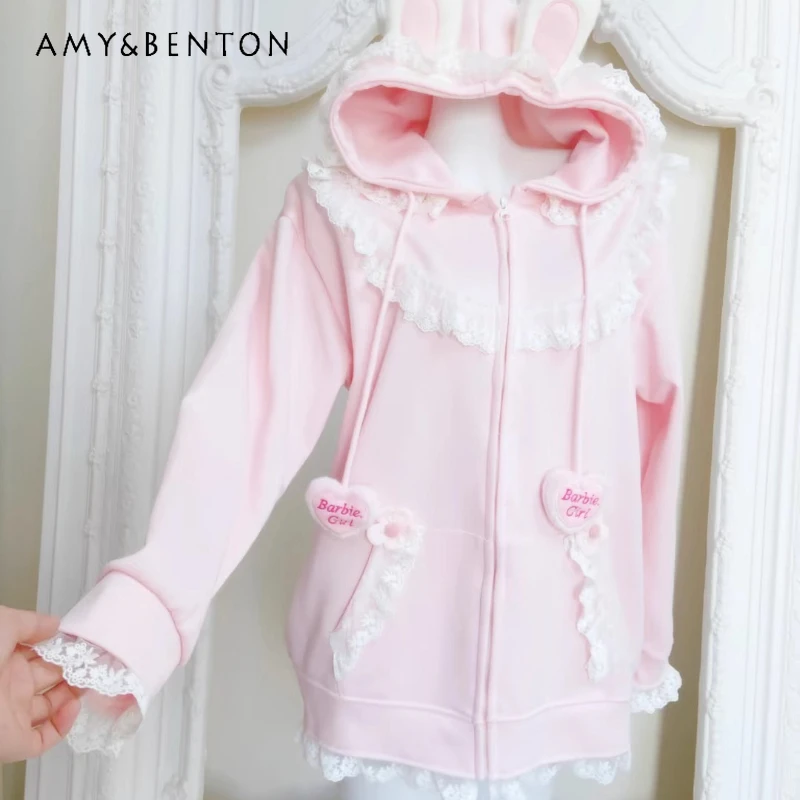 

Autumn New Sweet Loose Slimming Versatile Long Sleeve Women's Jacket Japanese Design Hooded Lace Casual Sweatshirt Coat Ladies