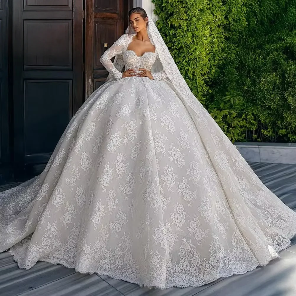 Romantic Sweetheart Neck Long Sleeve Ballgown Wedding Dress Full Floral Lace Appliques BridalGown Corset Back Vestido De Novia