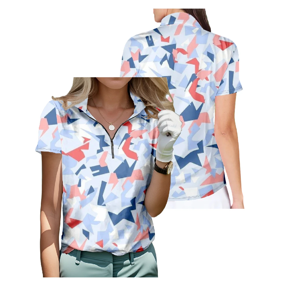 

Colorful Terrazzo Design Short Sleeve Golf Shirt Breathable Quick Dry Half Zip Tops Fashion Streetwear Women Sportswear