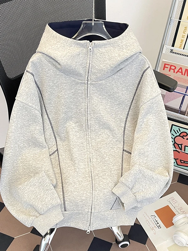 Moletom Oversize Estilo Americano para Casais, Bordado, Ajuste Solto, Jaqueta Cardigã com Capuz para Homens e Mulheres