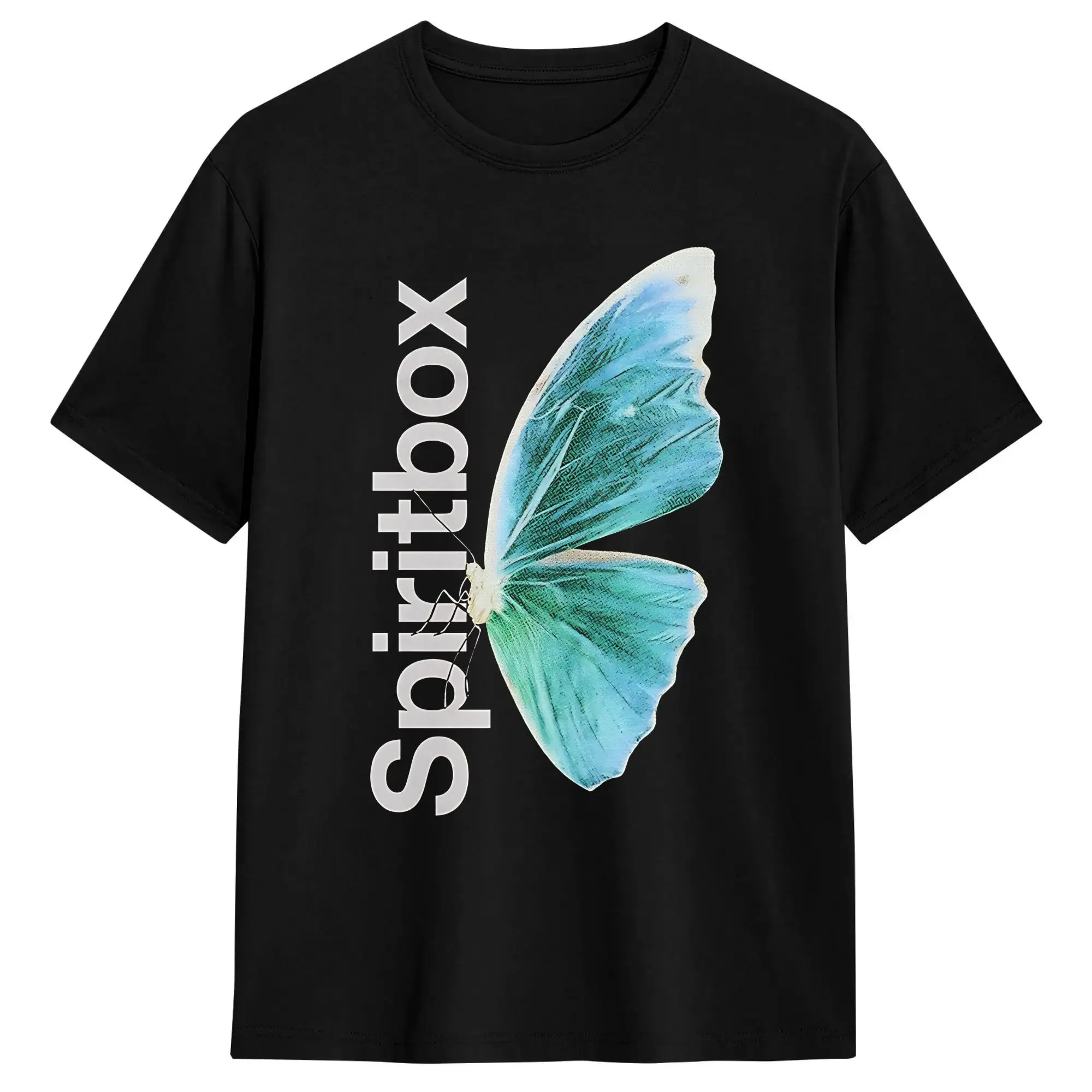 Spiritbox Turquoise Butterfly Vertical Text Art T Shirt Men 100% Cotton Casual T-Shirts Round Collar  Tees Short Sleeve Clothing