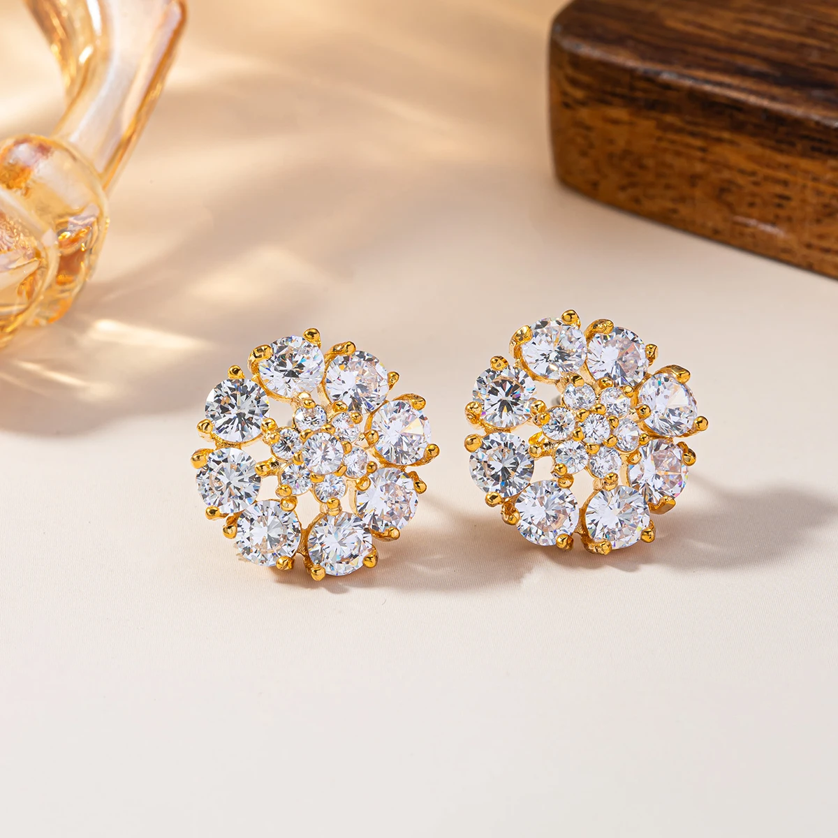 Sparkling Flower Zircon Stud Earrings 14K Gold Plated Round Cut Luxury Women Fashion Jewelry