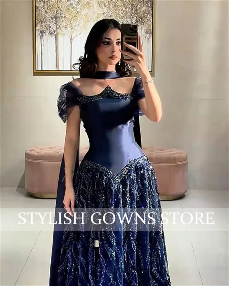 Robe de soirée chérie bleu marine arabe saoudien 2025 Occasion formelle sans manches robe de cristal perlée personnalisée فستان و