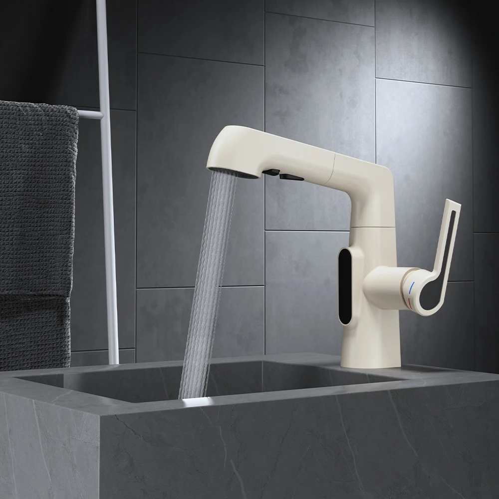 SKOWLL Extendable Pull-Down Sink Faucet 2 Water Flow Modes Modern Bathroom Tap