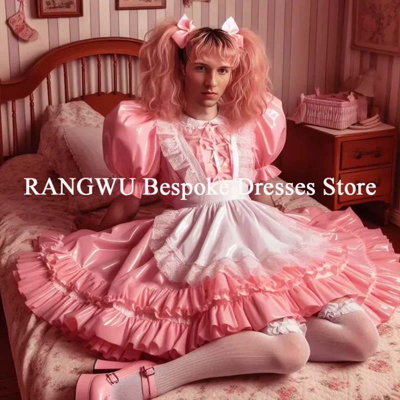 Wunderschönes rosa Dienstmädchenkleid für Männer, kurzärmeliges Cosplay-Rollenspielkleid, abgestuftes Spitzenkleid für männliche Butler, Abendkleid, formell, maßgeschneidert.