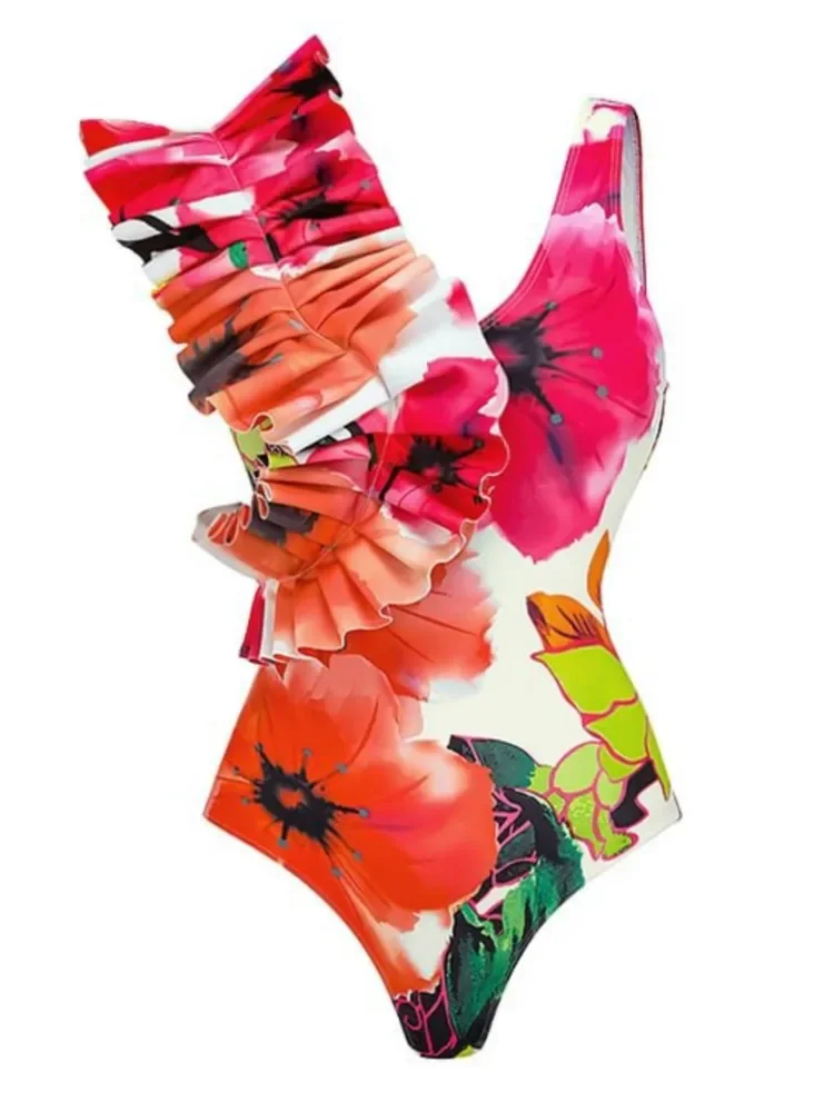 Retro Pink Bikini Flower Print Fashion One Piece Swimsuit And Cover Up Skirt Tight Women's Bandage Summer Beach Luxury Elegant