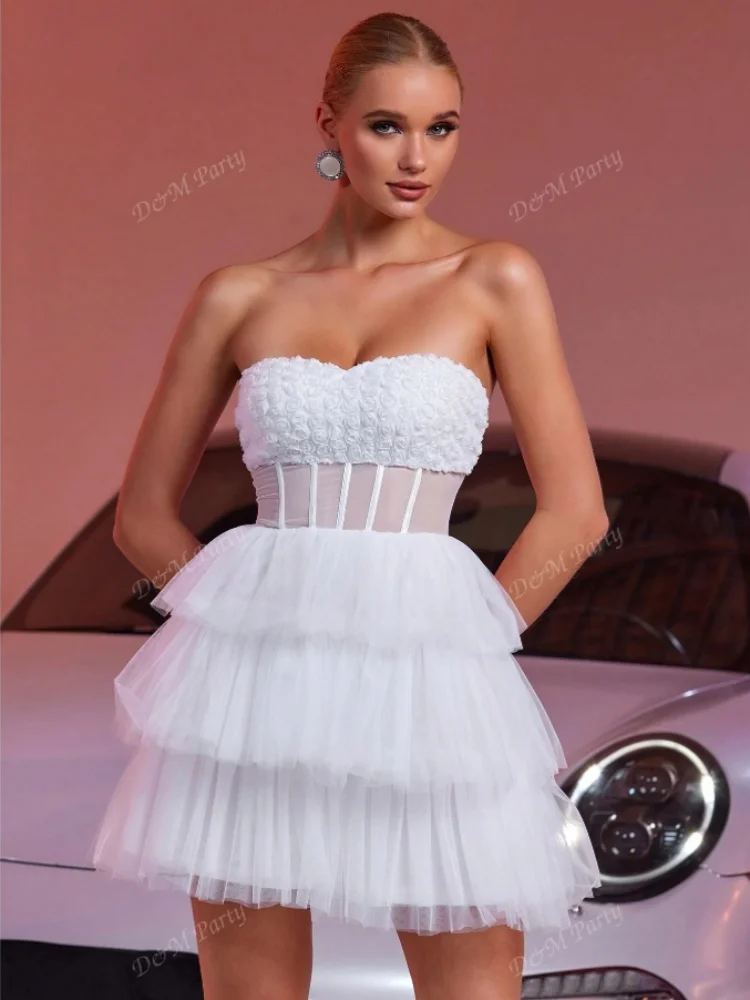 D&M Abito da sposa estivo alla moda con spalle scoperte Top decorati con fiori Abiti da festa Abiti da ballo da donna Mini gonna a pieghe in rete