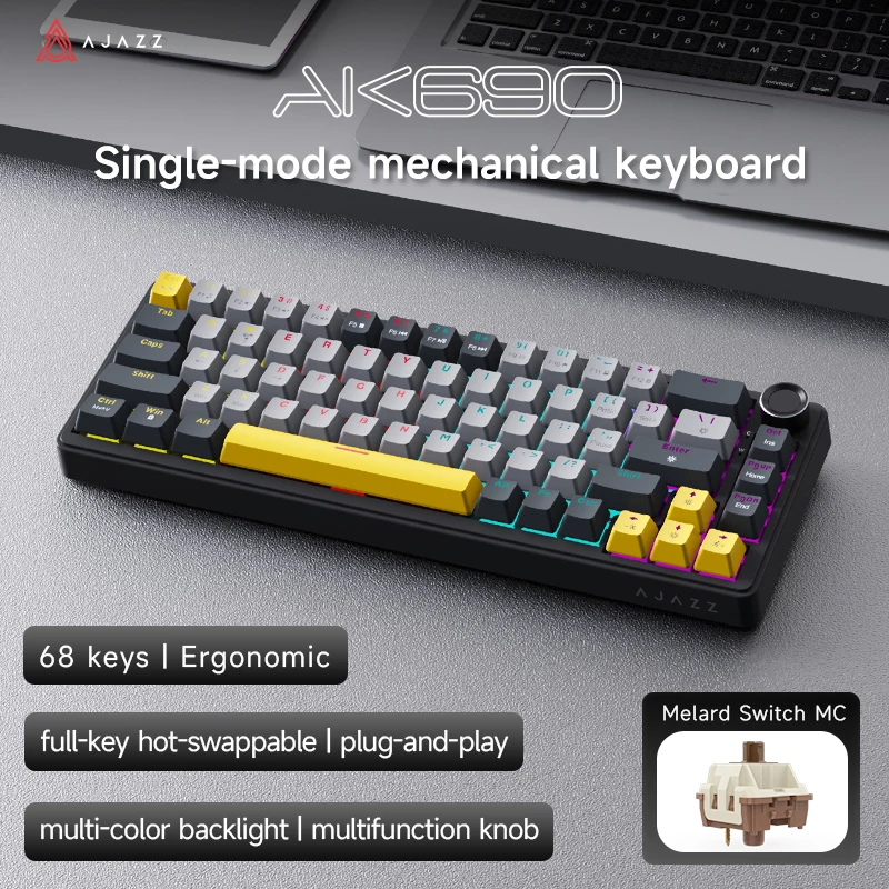 AJAZZ AK690 65% Mechanisch Toetsenbord Bedraad USB Plug and Play Volledig Hot-Swap Gemengde Verlichting 68 Toetsen Gaming Toetsenbord voor Laptop PC