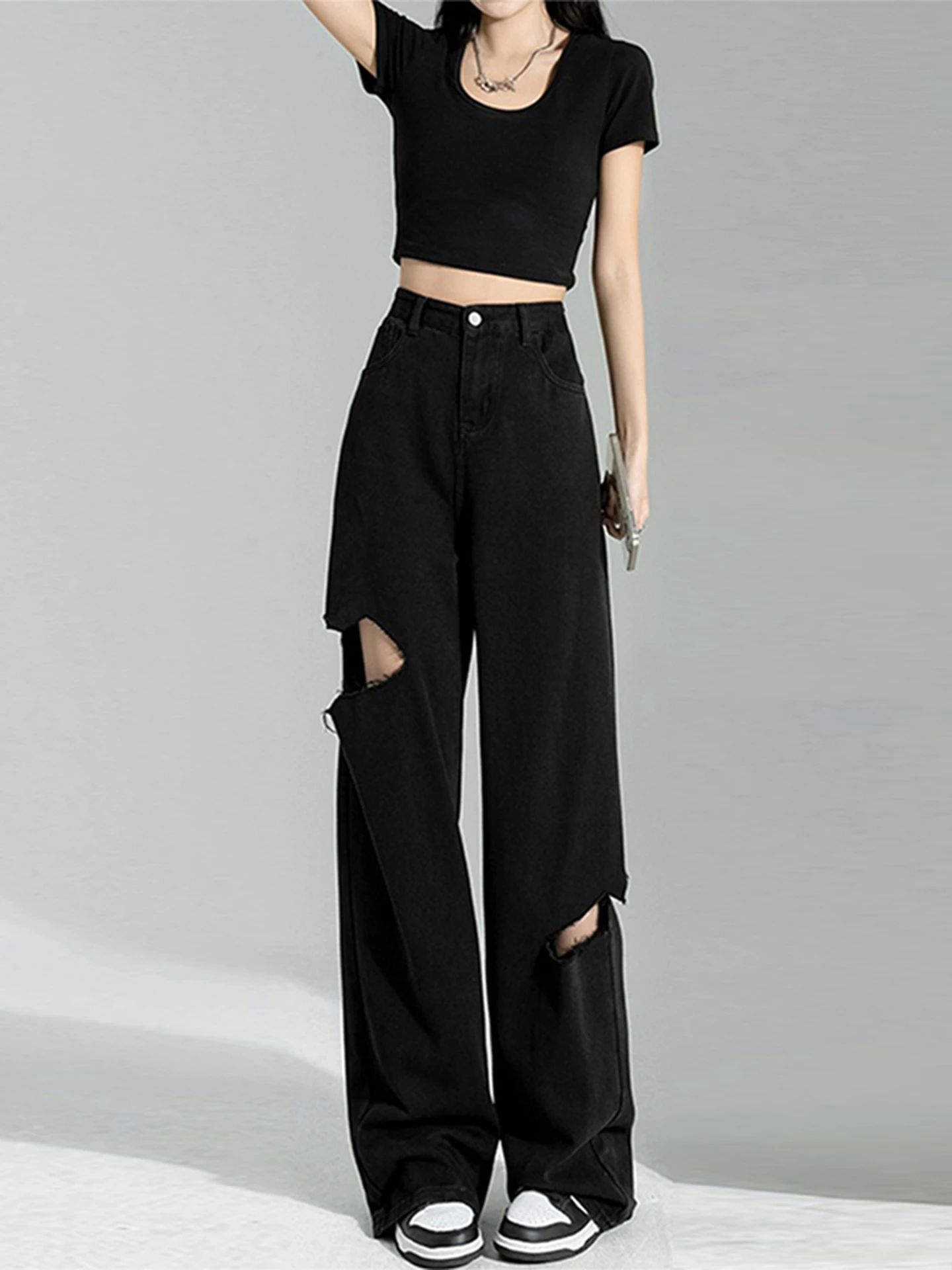 

Bla Hole Denim Jeans Women Summer New High Waist Slim Loose Straight Leg Wide Leg Long Cotton Blend Casual Trousers