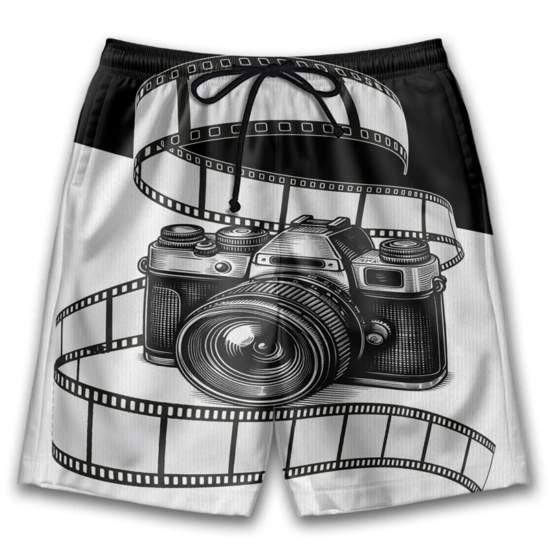 3d Printed Retro Cameras Shorts Men Street Trend Unique Short Pants Black White Striped Film Vintage Fashion Short Trousers