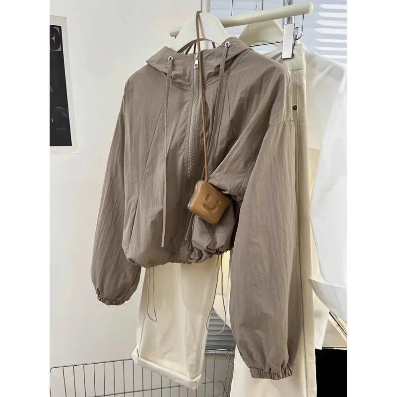 SMVP White Hooded Women's Jack Summer Design Sensation American Retro High-End Feeling Windbreaker Outerwear Breathable Long Sve