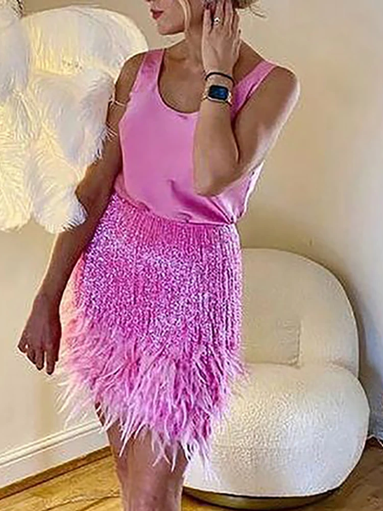 

Сексуальная майка без рукавов с круглым вырезом, комплект из двух предметов, мини-юбка с кисточками и высокой талией, клубный костюм, женская мода, лето 2026, новые наряды